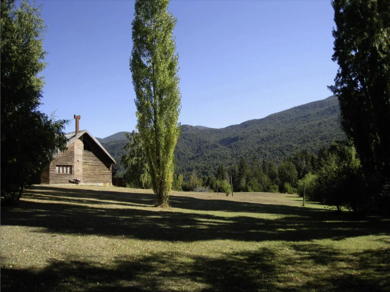 La casa junto a un álamo, frente al paisaje de montañas arboladas